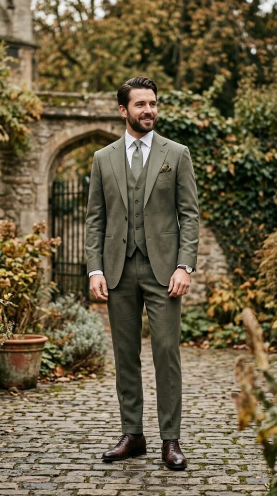This image features a stylishly dressed man in a green suit standing on a cobblestone path in a beautiful garden setting. The man's confident smile and pose convey a sense of sophistication and elegance, making this image suitable for use in advertising, marketing, or editorial content related to fashion, business, or lifestyle. The garden background adds a touch of natural beauty and serenity to the image, while the man's formal attire suggests a high-end or professional setting.