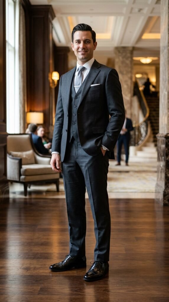 How to pair a 3-piece suit with dress shoes &mdash; charcoal suit with black Oxford cap-toes