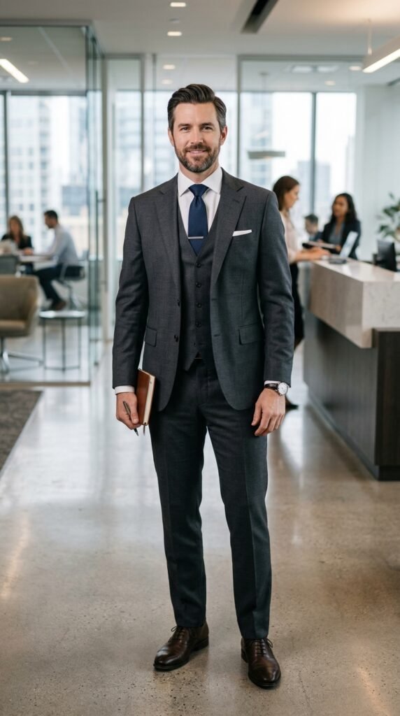 Style a 3-piece suit on a budget in charcoal with a white formal shirt