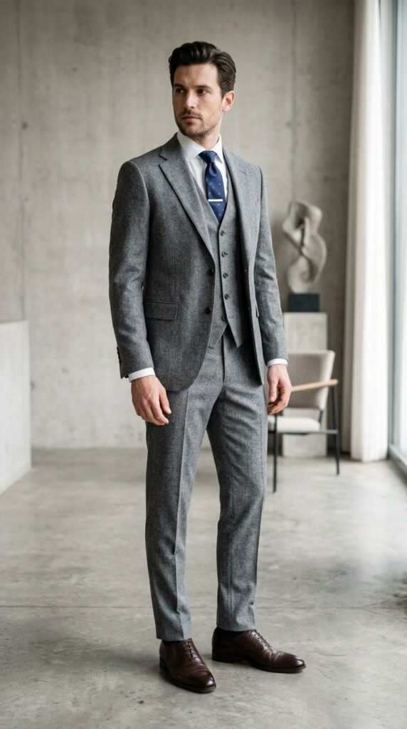 slim body type man wearing a structured 3 piece flannel suit that adds visual presence to a lean frame