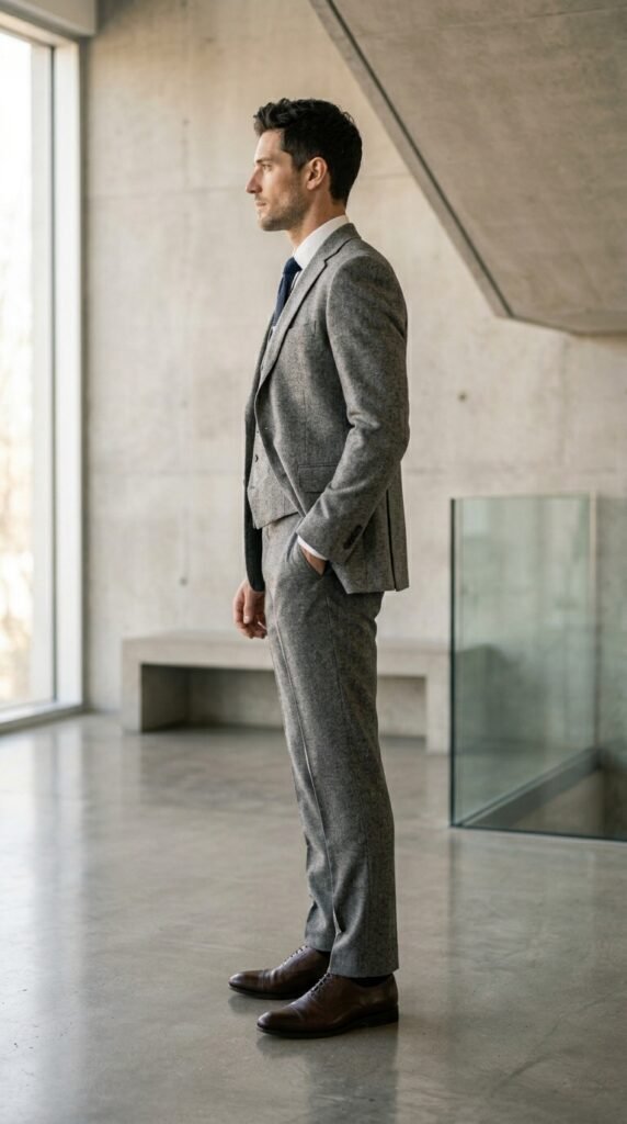 Athletic body type man wearing a navy 3 piece suit with natural shoulders designed to accommodate muscular build