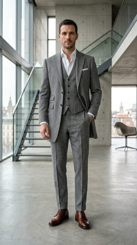 Tall body type man wearing a grey herringbone 3 piece suit with extended proportions designed for long frames
