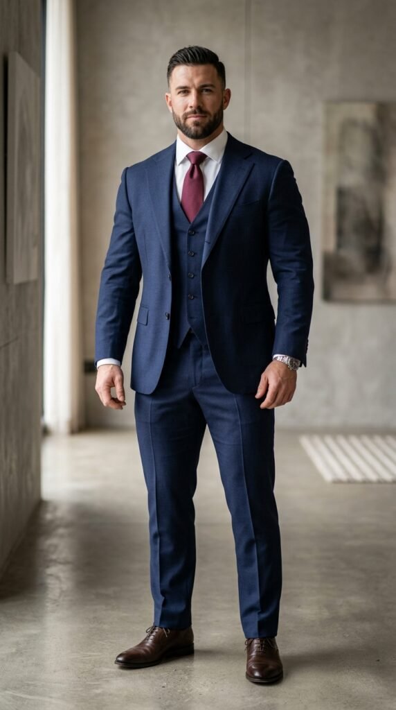 Broad body type man wearing a dark charcoal 3 piece suit with deep V waistcoat creating vertical slimming lines