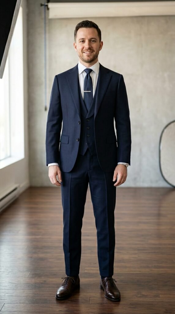 Compact body type man wearing a navy 3 piece suit with shortened jacket and high-rise trousers for maximum vertical elongation