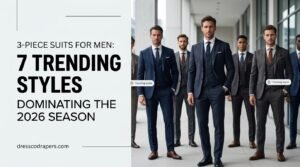 A group of men dressed in stylish suits walk down a modern hallway, exuding confidence and professionalism. The image showcases a blend of fashion and architecture, highlighting the sleek design of the suits and the contemporary interior of the building. The men's attire is sharp and elegant, making a statement in the urban setting. The image is perfect for use in business and fashion contexts, conveying a sense of success and sophistication.