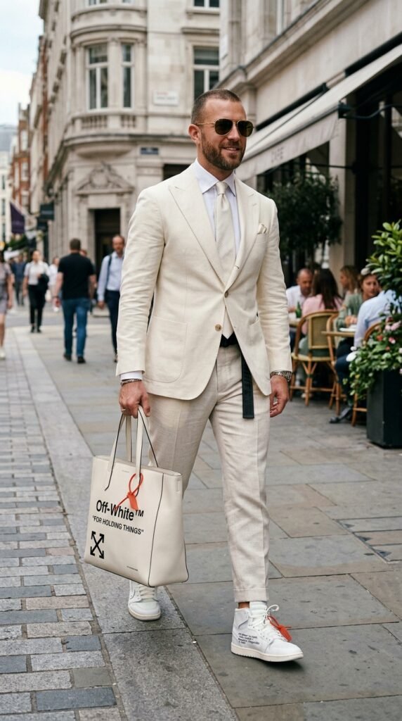 Best colours for a 3-piece summer suit &mdash; fabric swatches in grey, stone, blue, sage, and ivory