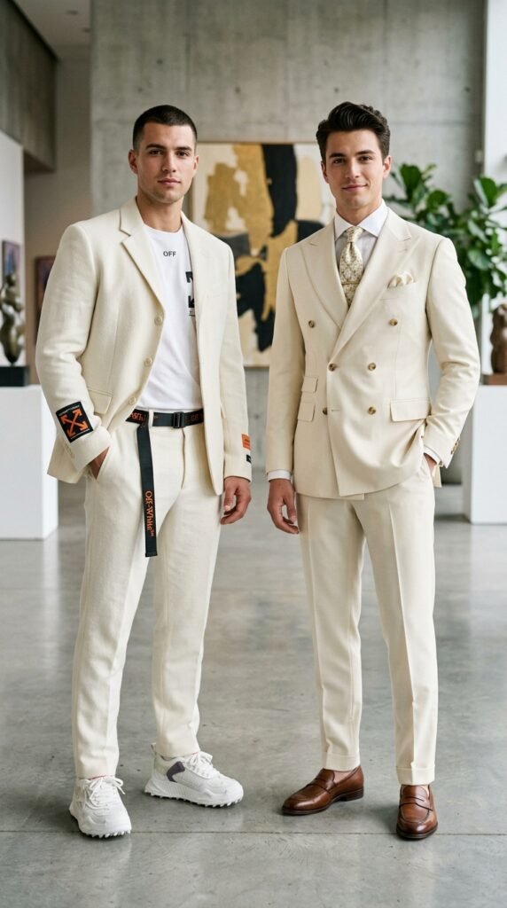 Best colours for a 3-piece summer suit &mdash; fabric swatches in grey, stone, blue, sage, and ivory