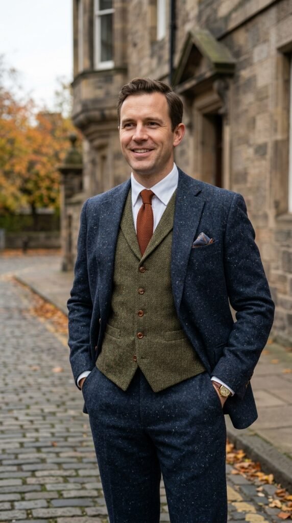 This stock photo captures a well-dressed businessman standing confidently on a cobblestone street in a historic setting. He is dressed in a navy blue suit, complemented by a green vest and a red tie, exuding an air of sophistication and professionalism. The background features a stone building and trees with autumn leaves, adding a touch of seasonal charm to the scene. The image conveys a sense of elegance and refinement, making it suitable for use in various business and marketing contexts.