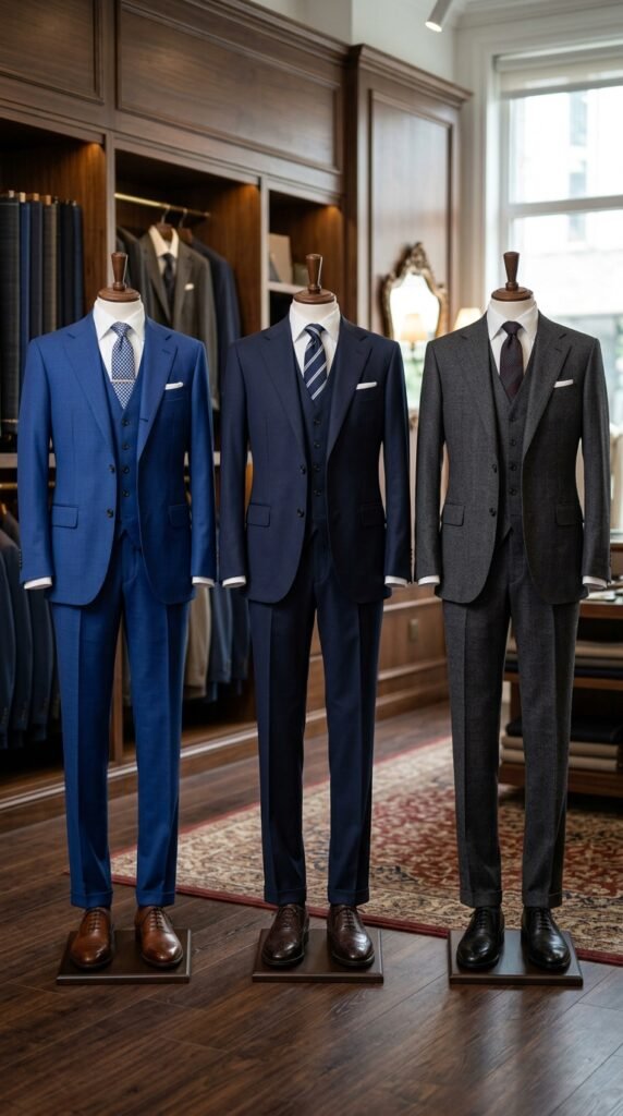 This image features three mannequins dressed in stylish suits in a modern menswear store. The store boasts a large window allowing natural daylight to illuminate the interior. The mannequins are dressed in gray, blue, and navy suits, each paired with a crisp white shirt, tie, and pocket square. The suits are showcased on a dark wood floor with a patterned rug underneath. The store's interior features dark wood paneling and shelving with additional suits on display. The overall atmosphere is one of luxury and sophistication, suggesting a high-end menswear boutique.