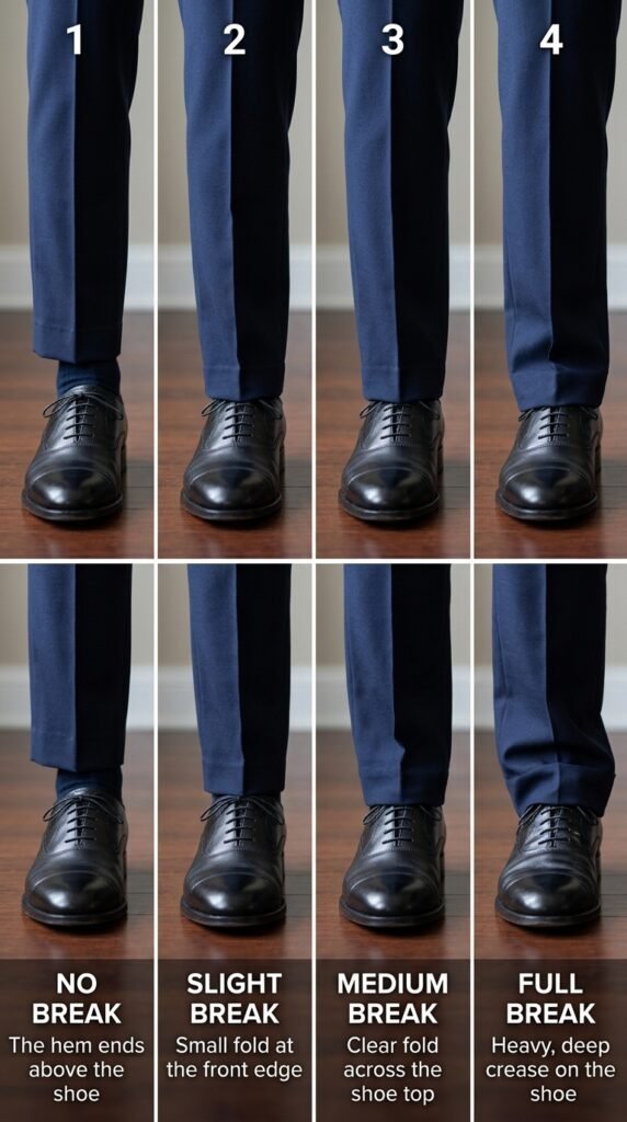 Pair a 3-piece suit with dress shoes &mdash; trouser break guide showing no break, half break, and full break