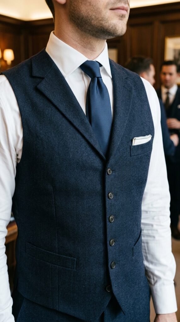 How to style a 3-piece suit on a budget &mdash; waistcoat fit detail over a crisp formal shirt