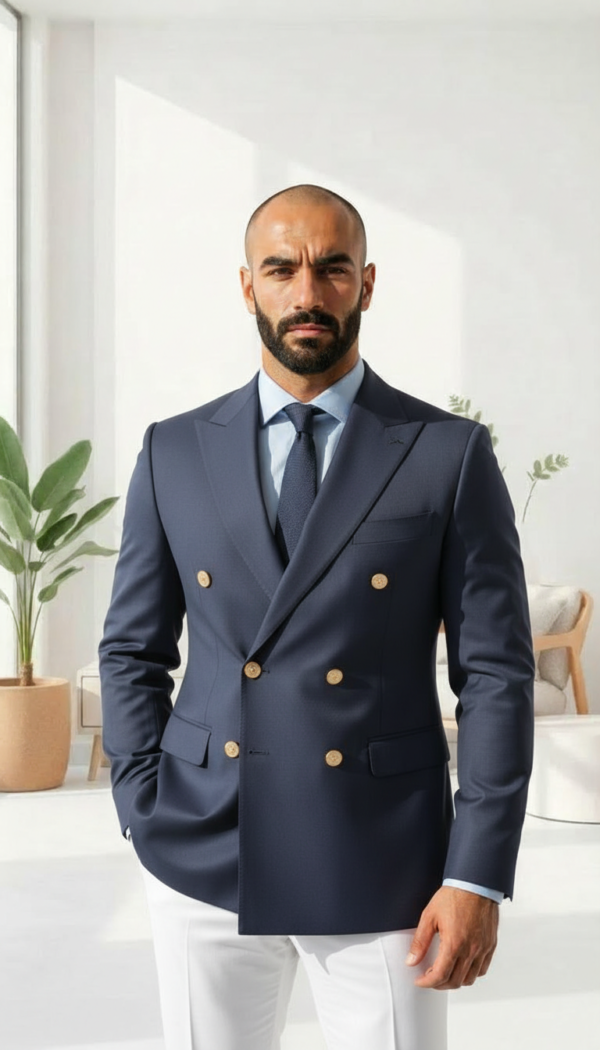 Navy Blue Double Breasted Suit | Elite Gold Button Edition