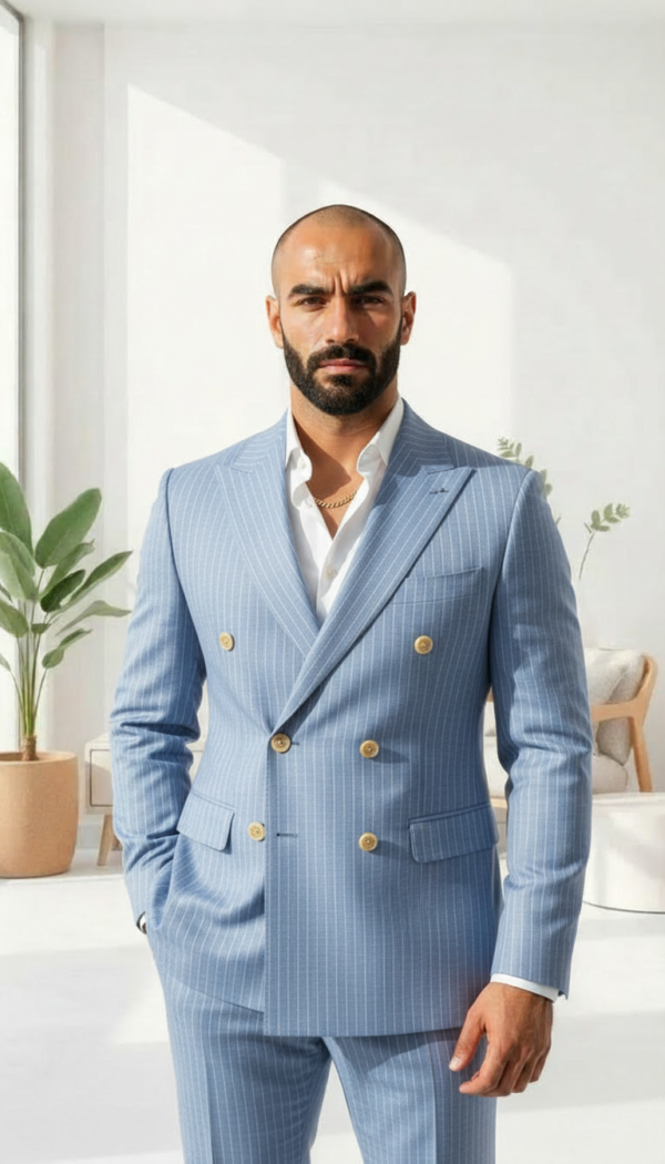 Sky Blue Pinstripe Double Breasted Suit | Elite Gold Button Edition