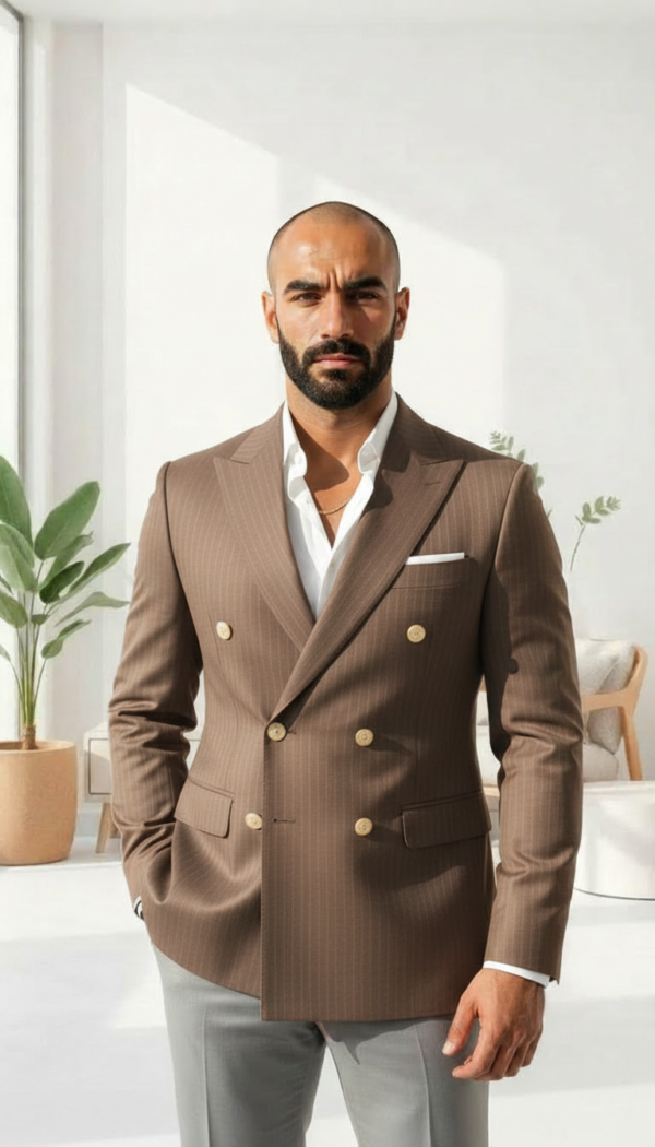 Toffee Brown Pinstripe Double Breasted Suit | Elite Gold Button Edition