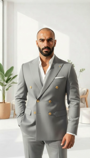 Cloud Grey Pinstripe Double Breasted Suit Cloud Grey Pinstripe Double Breasted Suit | Elite Gold Button Edition