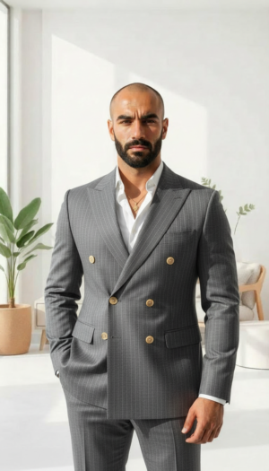 Iron Charcoal Pinstripe Double Breasted Suit | 2026 Elite Edition Iron Charcoal Pinstripe Double Breasted Suit | Elite Gold Button Edition