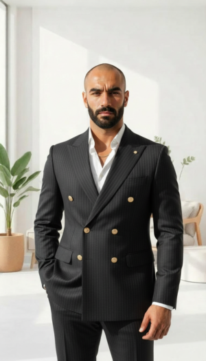Midnight Black Pinstripe Double Breasted Suit | Elite Gold Button Edition Midnight Black Pinstripe Double Breasted Suit | Elite Gold Button Edition