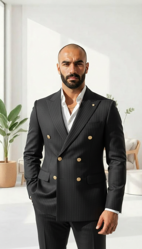 Midnight Black Pinstripe Double Breasted Suit | Elite Gold Button Edition