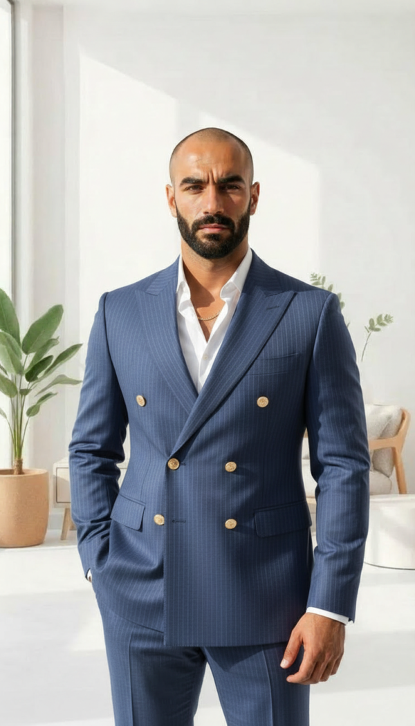 Royal Blue Pinstripe Double Breasted Suit | Elite Gold Button Edition