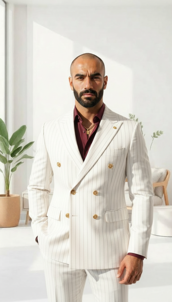 Arctic White Pinstripe Double Breasted Suit | Elite Gold Button Edition