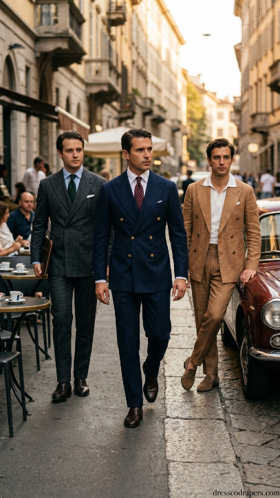 This image captures three stylish men walking down a bustling city street, exuding confidence and sophistication in their modern suits and dress shoes. The urban landscape provides a sleek backdrop, with tall buildings, cars, and a crowd of people in the background. The men's attire is formal and elegant, showcasing a sense of luxury and high-end fashion. The image is perfect for use in editorial or commercial projects, such as fashion magazines, advertising campaigns, or business websites, where a sense of style and professionalism is required.