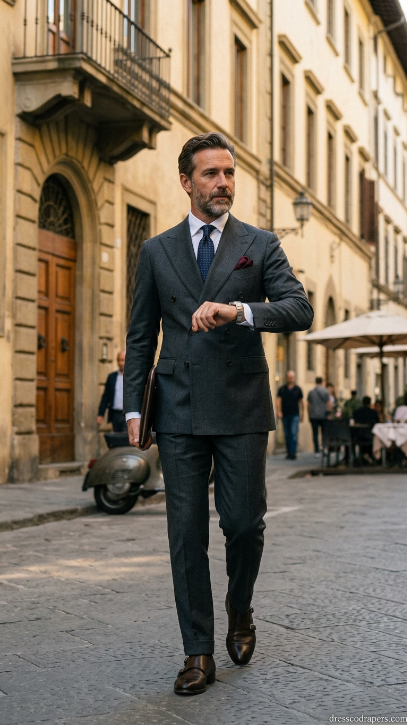 This image captures a stylish man in a suit walking down a bustling city street, exuding confidence and purpose. He is dressed in a sleek black suit, white shirt, and dark tie, with a red pocket square adding a pop of color. His short dark hair and beard frame his face, and he wears brown leather shoes and carries a briefcase in his hand. The background features a mix of old and new buildings, with people sitting at outdoor cafes and a scooter parked on the sidewalk. The overall atmosphere is one of urban sophistication and modernity.