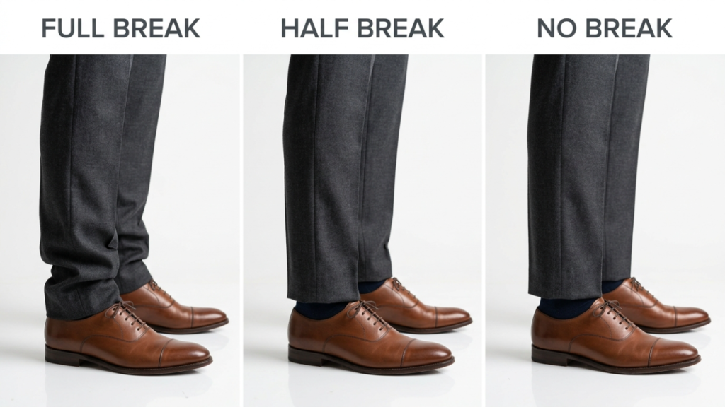 Comparison of full break half break and no break trouser lengths showing how break affects 3 piece suit silhouette