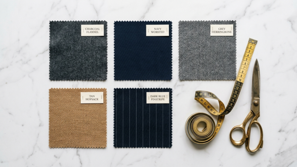 Collection of luxury suit fabric swatches showing flannel worsted herringbone hopsack and pinstripe weaves for different body types