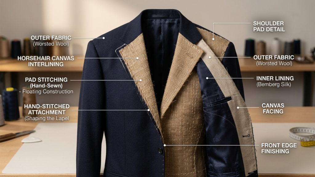 Cross-section showing full canvas suit jacket construction with outer fabric horsehair canvas interlining and lining layers