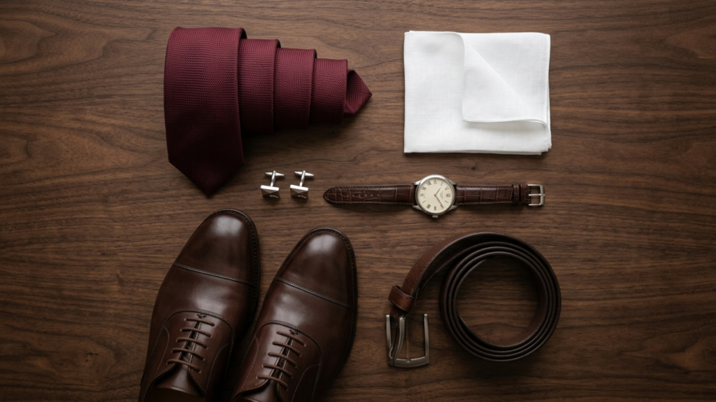 Flat lay of luxury suit accessories including silk tie pocket square cufflinks watch and leather shoes for 3 piece suit styling