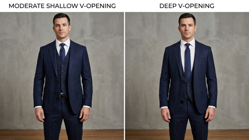 Comparison of shallow versus deep waistcoat V-opening on a 3 piece suit showing different visual effects on torso proportion