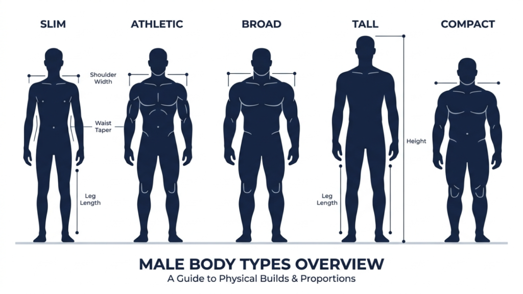 Infographic showing five male body type silhouettes slim athletic broad tall and compact for 3 piece suit selection guide