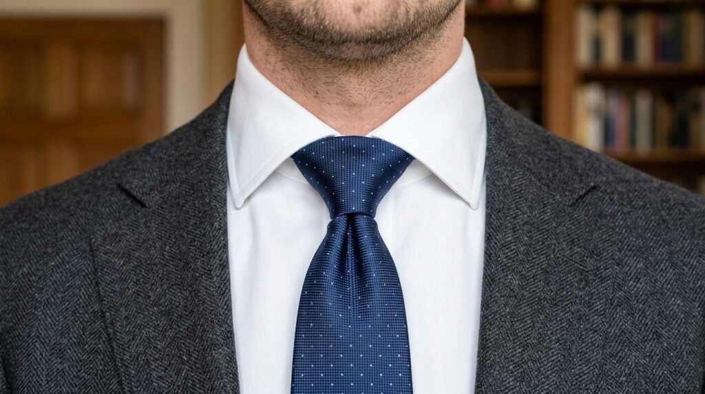 Close‑up of a perfectly tied Windsor knot, demonstrating the tie knots every gentleman should know