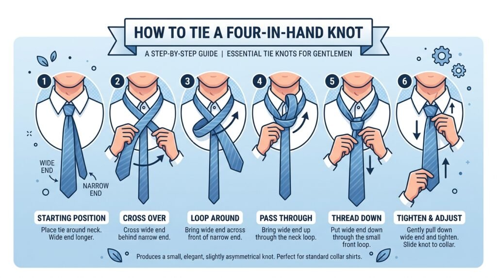 Diagram of Four‑in‑Hand knot steps, illustrating the tie knots every gentleman should know