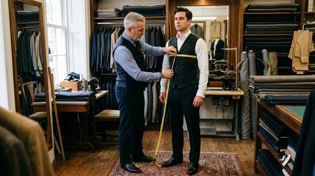 Tailor measuring a client for the right fit for a 3‑piece suit